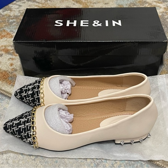 NIB Women Size 7.5 (Euro Size 38) SHEIN Tweed Cap Toe Chain Trim Flats In Beige - Picture 4 of 13